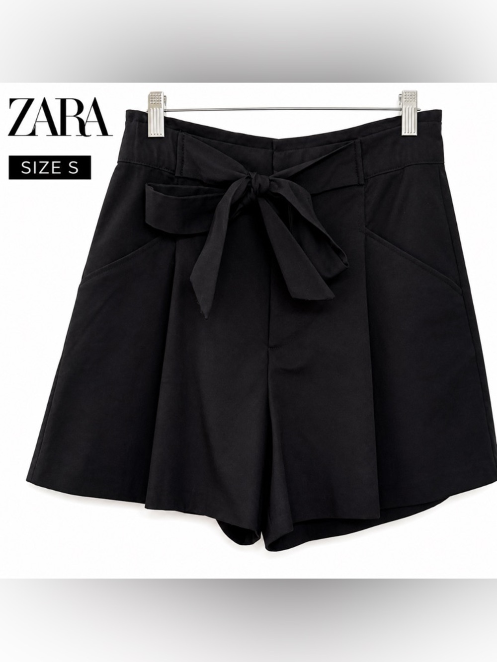 Zara Black High Waisted Paperbag Shorts Tie Waist Elastic Waist Size Small
